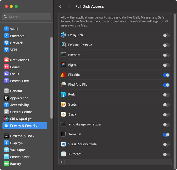 Screenshot of the MacOS Full Disk Access dialog.