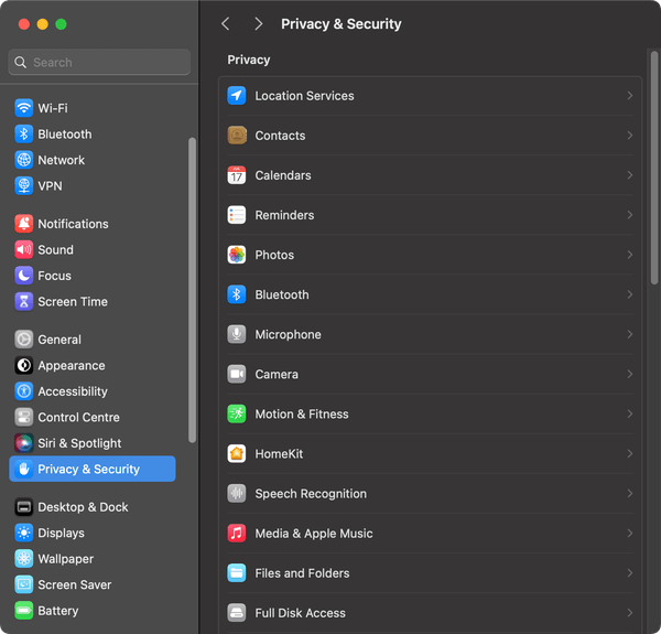 Screenshot of the MacOS Privacy & Security settings dialog.