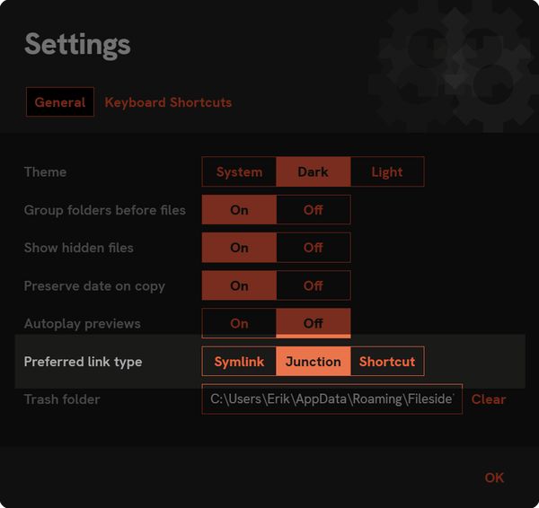 Settings dialog on Windows